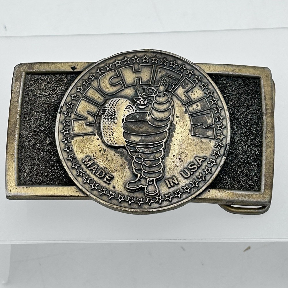 Vintage Michelin Man Belt Buckle Made‎ in USA Brass Tone Bibendum Logo #9365